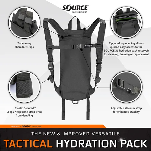 Vista 3 de Source Paquete de hidratación táctica – Vejiga de agua WXP Widepac de 3L con puerto de llenado externo – Válvula de bebida de alto flujo – Doble
