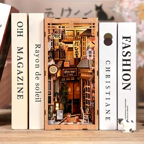 Vista 6 de Kit de rincón de libros, rompecabezas de madera 3D con luz LED, modelo de casa en miniatura de callejón callejón japonés, decoración creativa