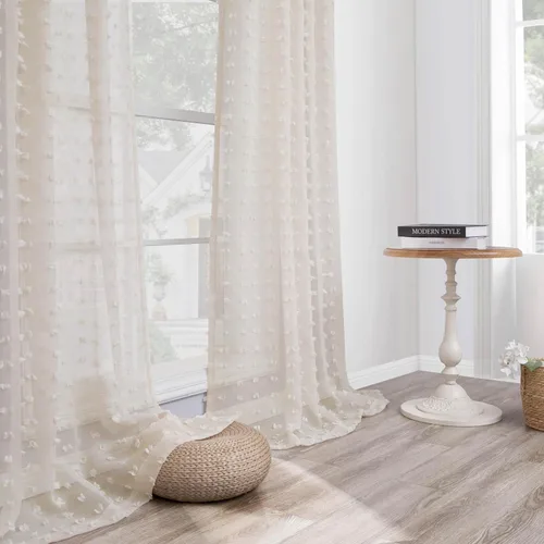 Vista 7 de Cortinas Beige Semitransparentes de 63 Pulgadas de Largo para Dormitorio, Sala de Estar, Guardería Infantil, Ventana con Diseño de Pompón