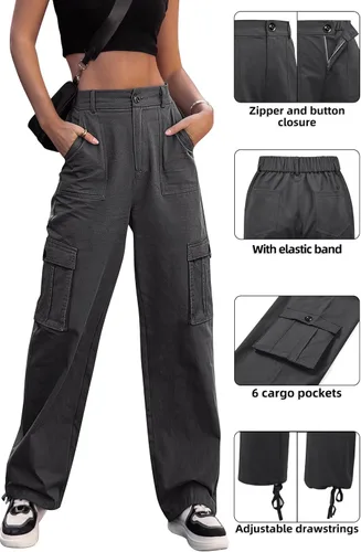 Vista 4 de ZMPSIISA Pantalones cargo de cintura alta para mujer, pantalones casuales de pierna ancha, 6 bolsillos, pantalones militares de combate