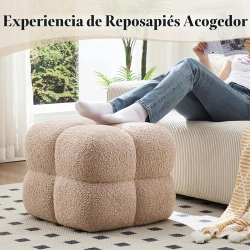 Vista 5 de Taburete otomano cuadrado, mesa de centro otomana Boucle con cobertura completa, taburete de tocador moderno, puf tapizado con reposapiés para Beige