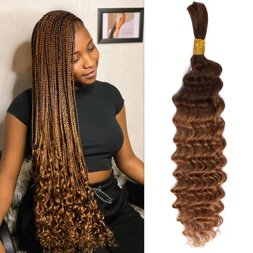 Vista 7 de Cabello humano trenzado para trenzas bohemias, rubio degradado T4/30, onda profunda a granel, micro trenzado, húmedo y ondulado, 18 pulgadas