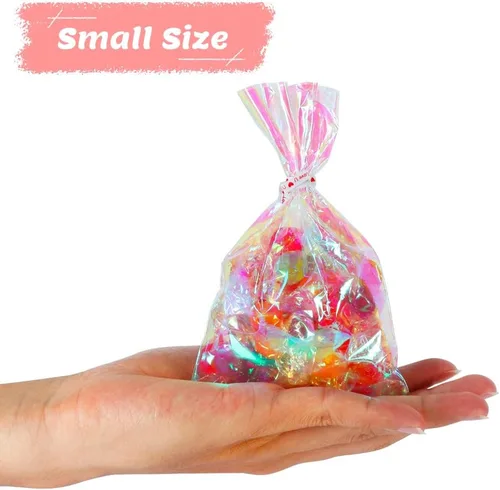 Vista 3 de HRX Package 100 piezas de pequeñas bolsas de celofán iridiscentes con lazos, 4x6 pulgadas bolsas de plástico holográficas para dulces, pop cakes
