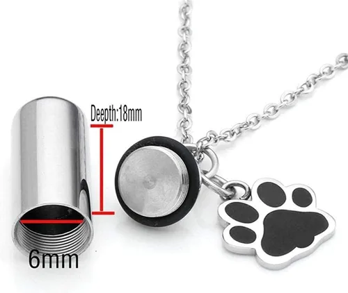 Vista 5 de Urna Cremación Recuerdo Cenizas Urna Cremación Acero Inoxidable Mascota Cachorro Perro Pata Cilindro Contenedor Urna Memorial Colgante Collar Ceniza