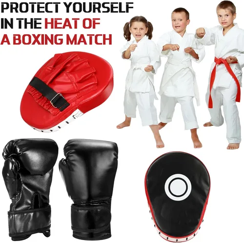 Vista 4 de Arrowbash Juego de guantes de boxeo y guantes de boxeo para niños, guantes negros de 6 onzas, guantes curvados, equipo de entrenamiento para artes