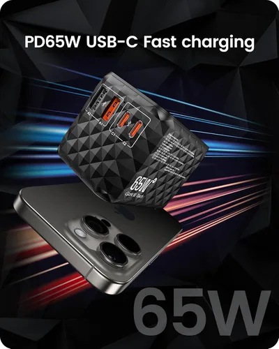 Vista 3 de LENCENT Adaptador de viaje universal de 65 W, cargador rápido internacional de GaN 2 USB-A y 2 convertidores de enchufe de alimentación USB-C