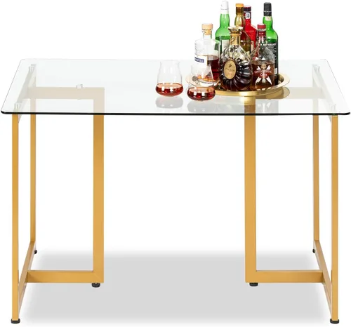 Vista 8 de FurnitureR Mesa de comedor de vidrio templado de 55 pulgadas para 4-6 personas, moderna mesa rectangular espaciosa y patas doradas, elegante