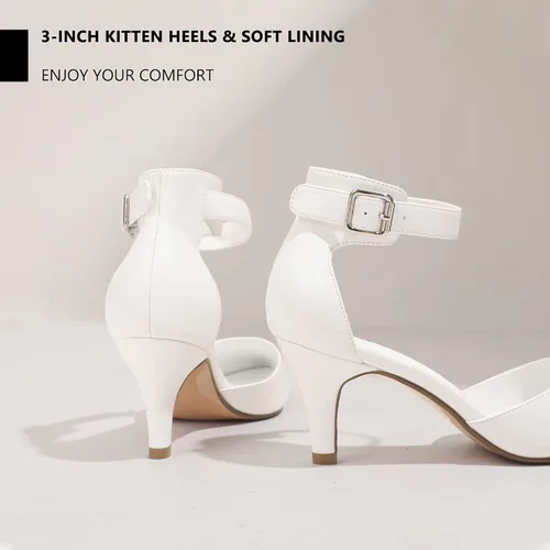 Vista 3 de IDIFU IN3 D'Orsay Zapatos de tacón bajo para mujer, zapatos de vestir puntiagudos con puntera cerrada, correa de tobillo para novia, elegante