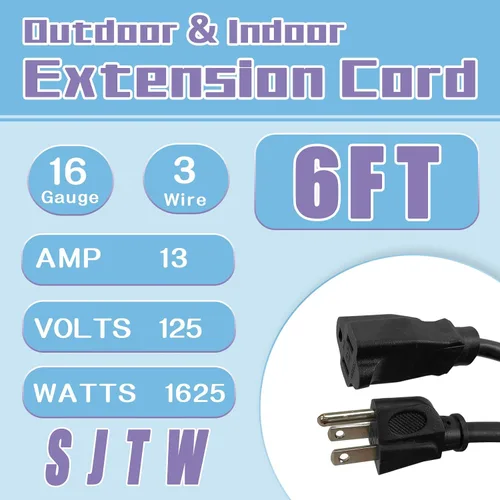 Vista 2 de Cable de Extensión de 6 Pies, Cables Eléctricos Impermeables para Exteriores 16/3 SJTW Negros, Cable de Energía de 13 AMP con 3 Clavos Ideal