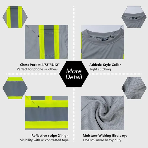 Vista 5 de VENDACE Camiseta de trabajo de seguridad de alta visibilidad para hombre, ANSI Clase 1, camisa reflectante de manga larga con bolsillo (gris, S)