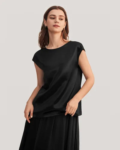 Vista 3 de LilySilk Blusa de seda para mujer, de manga corta, para verano, fresca, cómoda, Charmeuse Negro