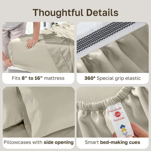 Vista 5 de California Design Den Juego de sábanas de lujo tamaño Queen, 800 hilos, 100% satén de algodón para cama tamaño Queen, juego de ropa de cama con Beige