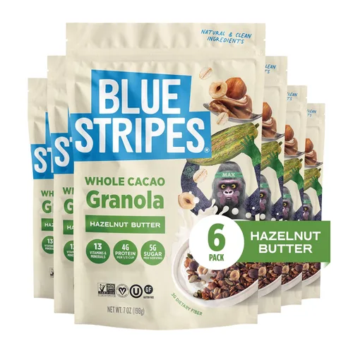 Vista 14 de Blue Stripes Granola de cacao entero con mantequilla de maní y plátano, 8 onzas