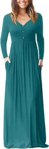 Vista 6 de GRECERELLE Vestido de manga larga con cuello en V para mujer, estilo casual, con botones, maxi, 2025, con bolsillos 01 Negro