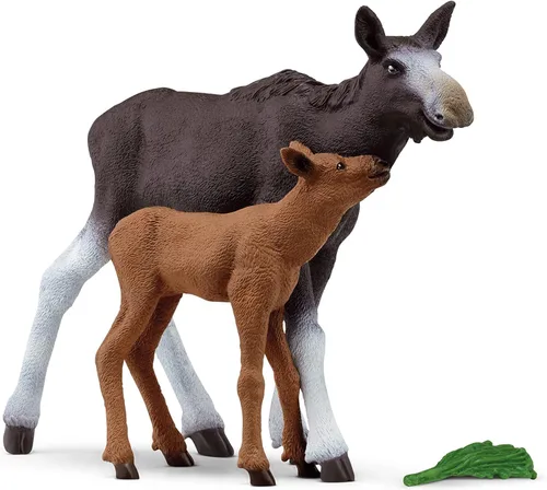 Vista 2 de Schleich Wild Life - Juego de juguetes de animales del bosque de América del Norte con alce natural realista y ternero, regalo para niños pequeños