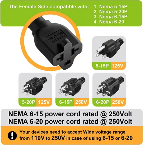 Vista 4 de Cable de extensión de interruptor de encendido/apagado 4 en uno en ángulo resistente 12-AWG 15A enchufe doméstico a 20 A T Blade Cable adaptador