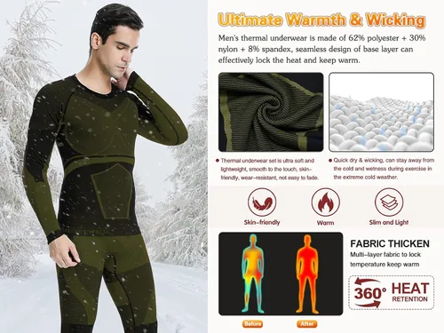 Vista 2 de MEETWEE Men's Thermal Underwear Set, Winter Ski Gear Fleece Lined Long Johns Base Layer Warm Top & Bottom for Skiing Black