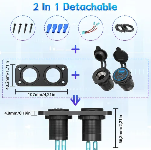 Vista 4 de Enchufe para Encendedor de Cigarrillos Qidoe Panel Divisor 12V 78W Salida USB 12V Doble USB C PD&QC3.0 Enchufe Cargador de Coche con Interruptor