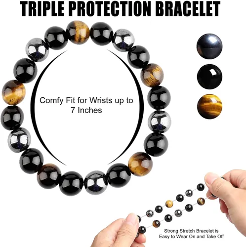 Vista 5 de HOZEAL Pulsera de triple protección, brazalete de obsidiana negra con ojo de tigre y hematita para hombres y mujeres para traer suerte