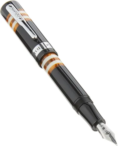 Vista 6 de Conklin Toledo - Pluma estilográfica en negro con segmentos de anillo azul y blanco, punta media, pluma estilográfica de lujo con detalles cromados