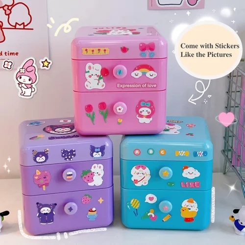 Vista 4 de Organizador de escritorio pequeño Kawaii con tapa y 2 cajones, lindo organizador de escritorio Kawaii con calcomanías de bricolaje para adolescentes