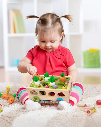 Vista 5 de Coogam Montessori - Juguetes de motricidad fina para bebé pequeño, clasificador de formas de madera, juego de cosecha de zanahorias para relleno