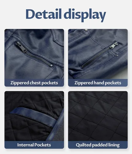 Vista 6 de CREATMO US Chaqueta de piel sintética para hombre, impermeable, resistente al viento, PU con capucha extraíble