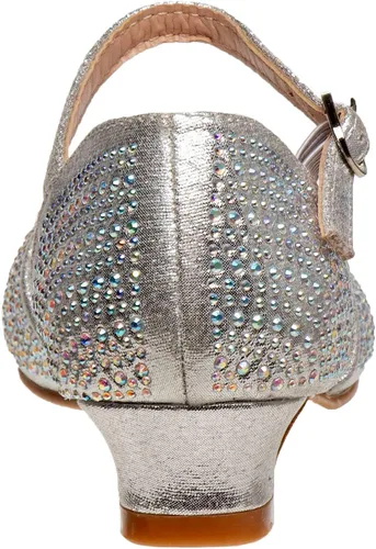 Vista 3 de Badgley Mischka Zapatos de tacón medio para niñas, tacón medio, con correa de tobillo cerrada, tacones altos para niña, color negro, plateado