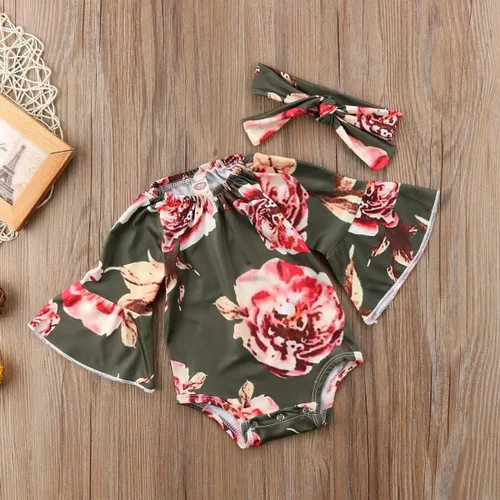 Vista 4 de Mameluco de manga larga con diseño de flores de encaje para bebé, color liso, conjunto de ropa con diadema