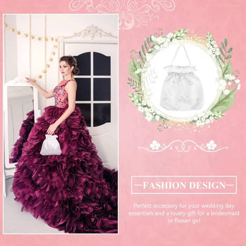 Vista 4 de NOLITOY Bolsa de dinero de boda nupcial de satén para adolescente Dama de honor de novia blanca con flores de satén decoradas bolso para baile