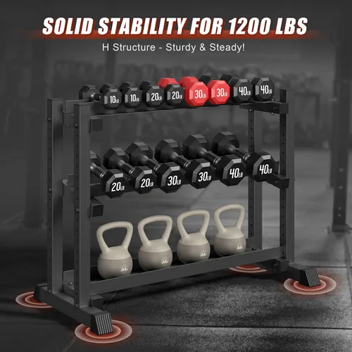 Vista 2 de Estante para mancuernas de 3 niveles, capacidad de 1200 libras, soporte de peso ajustable para gimnasio en casa, soporte de peso resistente