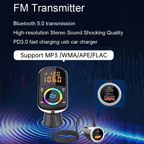 Vista 6 de Transmisor FM Bluetooth para coche, Bluetooth para Carro/adaptador de audio con cargador de coche dual, compatible con doble pantalla digital