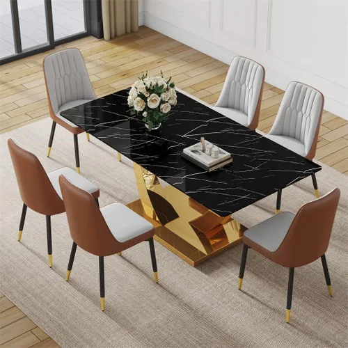 Vista 34 de Juego de mesa de comedor negra para 4, 63 x 35.4 x 30 pulgadas, mesa de comedor moderna rectangular con patas y base de acero inoxidable, sillas