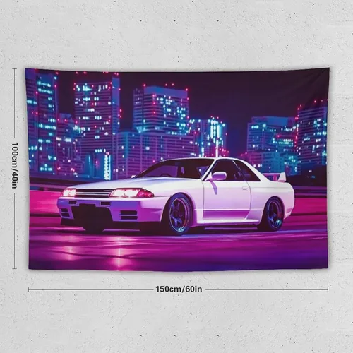 Vista 2 de PailailaiNest Arte de pared Jdm Car White R32 Neon City Night Scene Estética Tapiz colgante de pared para dormitorio, decoración de pared del hogar