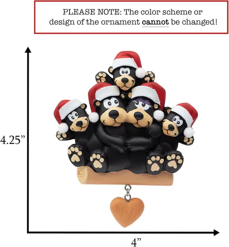 Vista 2 de Adorno de Navidad personalizado de familia de 5 con corazón de oso negro 2026 Padres e hijos personalizados para el árbol de Navidad Recuerdo