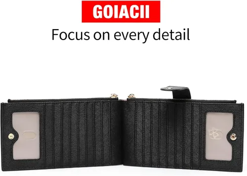 Vista 6 de GOIACII - Carteras delgadas para mujer con bloqueo RFID, tarjetero con 2 bolsillos con cremallera, monedero fino para mujer, negro (A01 Black)