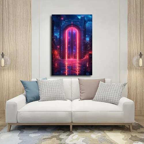 Vista 5 de Glowing Neon City Nightscape – Retro Cyberpunk Wall Decor for Living Room Poster Print for Teen Boys Room Wall Art Canvas Painting Print