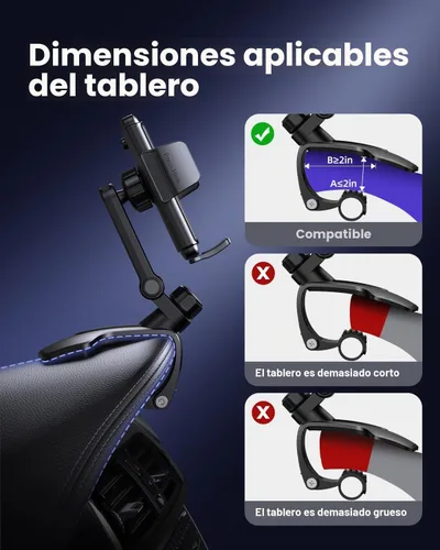 Vista 6 de Soporte de teléfono para tablero de instrumentos con clip anticaída, rotación de 360°, soporte multifuncional para teléfono celular para iPhone