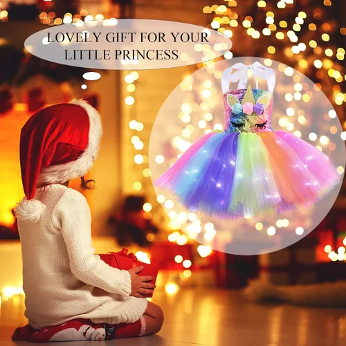 Vista 2 de Wish Care Vestido de unicornio para niñas de 3 a 8 años con diadema, tutú iluminado con lentejuelas, vestido de princesa para fiesta de unicornio