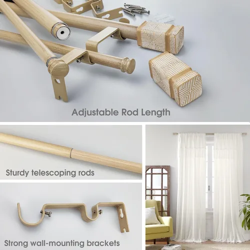 Vista 2 de Barras de cortina dobles de madera de imitación de 36 a 72 pulgadas: barras de cortina ajustables boho resistentes para ventanas de 24 a 68