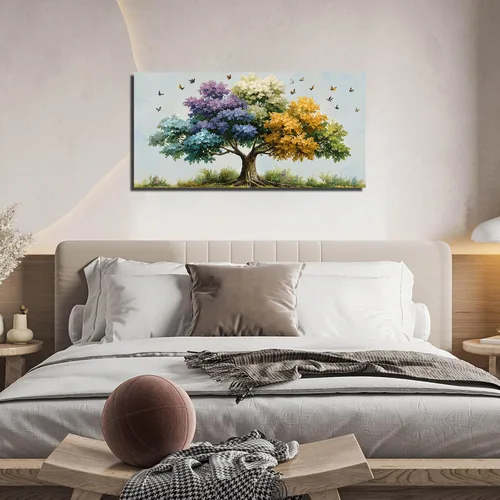Vista 7 de Kepgonegu Arte de pared de árbol de la vida grande para sala de estar, paisaje, impresiones en lienzo coloridas de mariposas para dormitorio