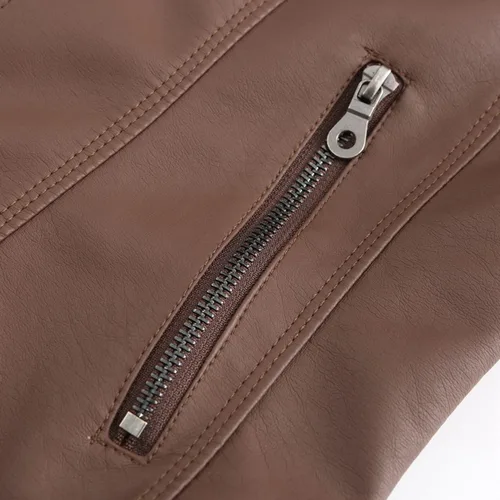 Vista 6 de DEAR MODEL Chaqueta de cuero sintético para mujer, chaqueta de motocicleta con cinturón para mujer, Marrón