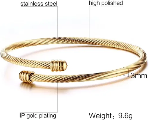 Vista 2 de Brazalete trenzado de acero inoxidable triple 3 con alambre de cable apilable para mujer, ororosaplata, Acero inoxidable