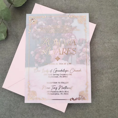 Vista 4 de Juego de 10 invitaciones de quinceañera con marco de lámina dorada, invitación con foto personalizada, invitación de Mis Quince Anos, invitaciones