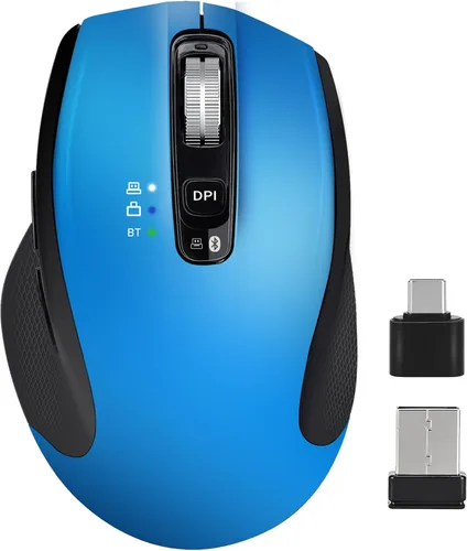 Vista 10 de Mouse inalámbrico Bluetooth con USB-A, receptor USB-C, recargable, 3 dispositivos, tamaño completo, clic silencioso, mouse ergonómico para Negro