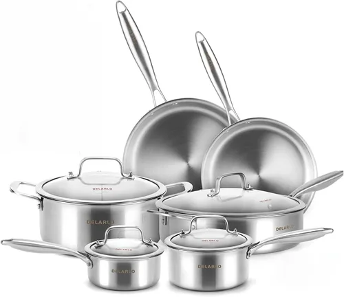 Vista 9 de DELARLO Juego de sartenes de cocina de acero inoxidable de tres capas con tapa de 10.5 pulgadas y 12.5 pulgadas, sartenes grandes de inducción