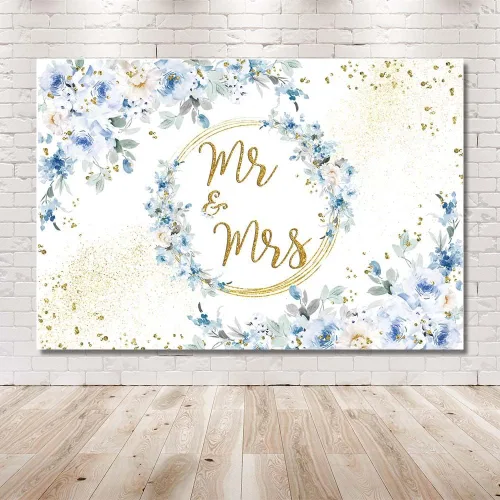 Vista 6 de MEHOFOND Telón de fondo floral azul de 7 x 5 pies para decoración de fiesta de compromiso para parejas, bodas, puntos dorados con purpurina, fondo