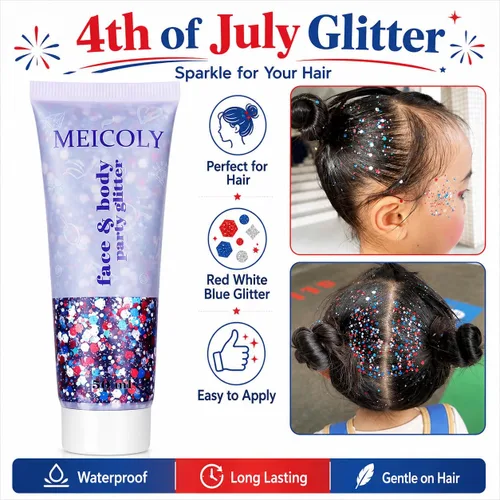 Vista 3 de MEICOLY Purpurina corporal roja, blanca y azul, accesorios del 4 de julio, purpurina para el cabello para niños, atuendos del 4 de julio