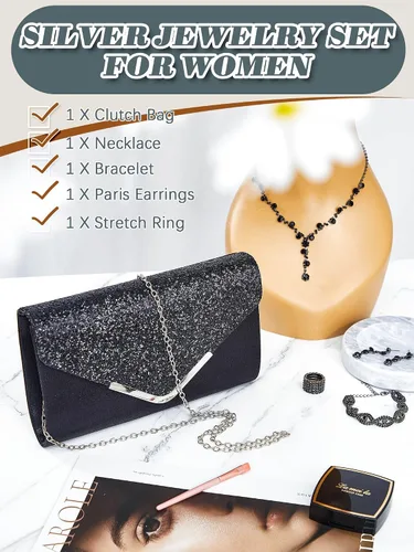 Vista 4 de Henoyso Juego de 5 piezas de joyería de diamantes de imitación con diamantes de imitación, bolso de mano para novia, graduación, collar, aretes