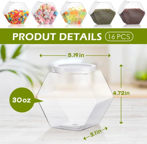 Vista 2 de Hoolerry 16 tarros de plástico para dulces de 30 onzas con tapas, recipiente hexagonal para dulces, bufé, galletas, aperitivos, regalos